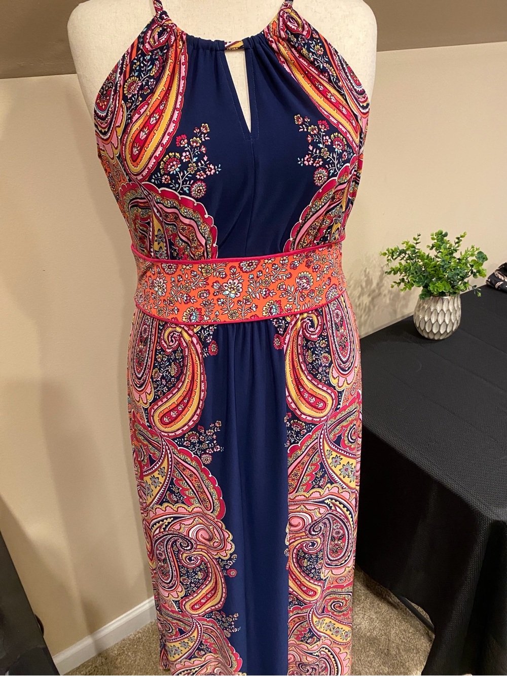London Times Navy Paisley Halter Maxi Dress with Coral Waistband